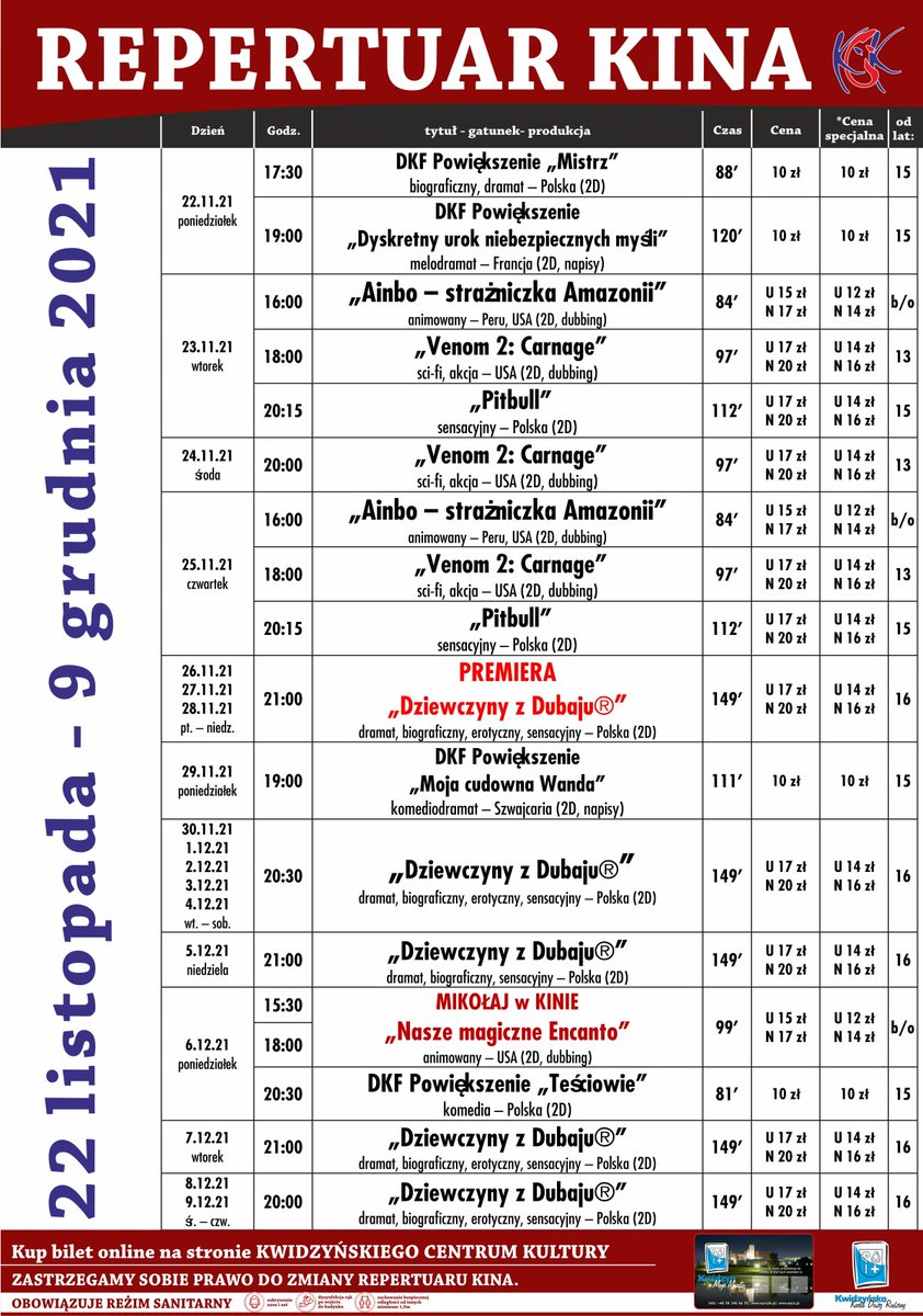 🎬 Repertuar kina od 22 listopada do 9 grudnia 2021 r.
➡️ kck-kwidzyn.vectorsoft.pl/MSI/mvc/pl