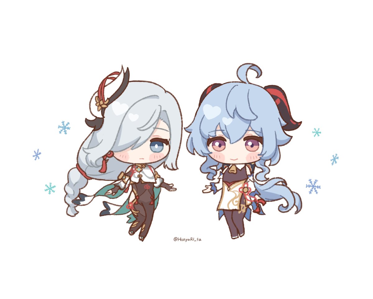 ganyu (genshin impact) ,shenhe (genshin impact) multiple girls 2girls chibi horns blue hair ahoge long hair  illustration images