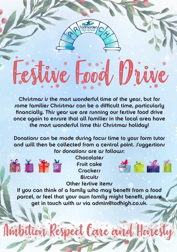TodmordenHigh's tweet photo. Our Festive Food Drive is running again this year, please do get involved and make someone's Christmas brighter! #kindnessmatters #kindness #archvalues #ambition #Respect #care #honesty https://t.co/j1paOPCMt2