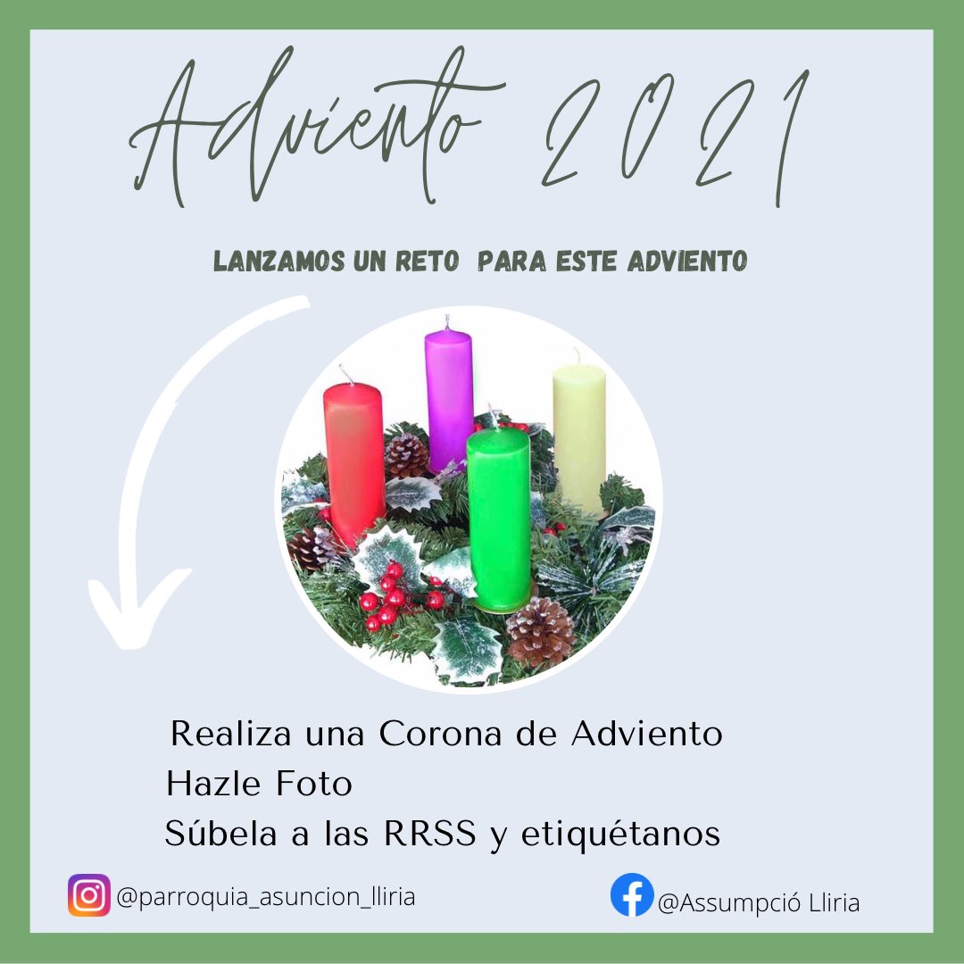 El próximo domingo comienza el tiempo de #Adviento Cuatro semanas para preparar la venida de Jesús y para ello tenemos una propuesta que hacerte 😉

📌Realiza una #CoronaDeAdviento 
📌Colócala en un lugar especial de tu casa y hazle foto 📸
📌Súbela a las RRSS y etiquétanos