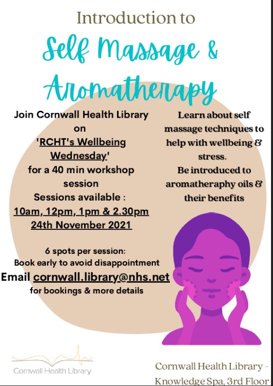 People Experience (@theodteam1) on Twitter photo Tomorrow is well-being Wednesday the library will be holding a 40 minute workshop on self massage and aromatherapy email cornwall.library@nhs.net to sign up 😀 #BrilliantYouThankYouWeek Tomorrow is well-being Wednesday the library will be holding a 40 minute workshop on self massage and aromatherapy email cornwall.library@nhs.net to sign up 😀 #BrilliantYouThankYouWeek
