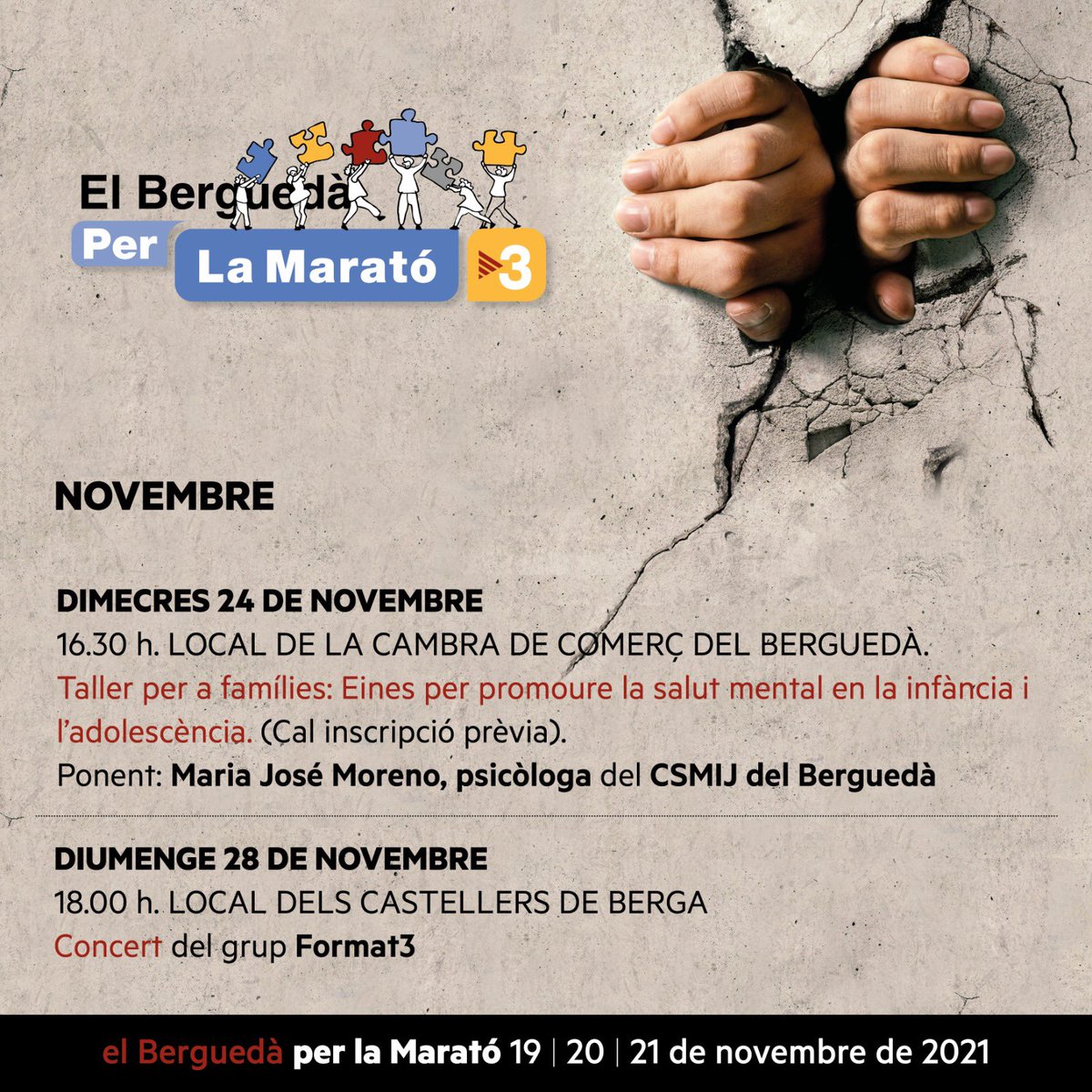 salutmentalber's tweet photo. 🗓 Dimecres 24/11 taller per a famílies al local de la Cambra de Comerç

🗓 Diumenge 28/11 concert de Format3 al Cine Catalunya https://t.co/Ti3zQpb6O5