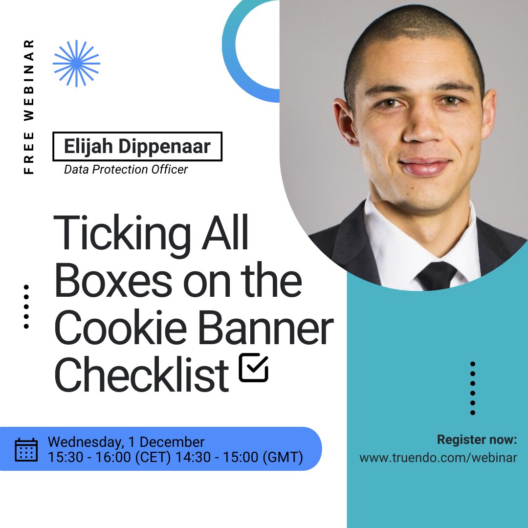 gotruendo's tweet photo. Book your spot >> https://t.co/ZnCJ2hZOl0 Our Data Protection Officer - Elijah Dippenaar will walk you through all the steps to having a GDPR compliant cookie banner. Followed by a Q&amp;A session.
#gdprcompliance #webinar https://t.co/d3qI8mGxDC