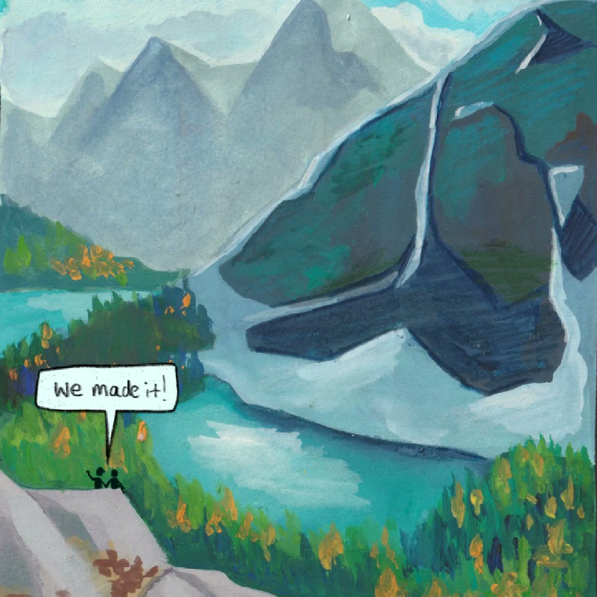 🏞️ 'We made it!' - a little #comic panel using a mix of gouache and digital :) 

#illustration #gouachelandscape #freelanceillustrator #childrenillustration #bookillustration #womenofillustration #kidslit