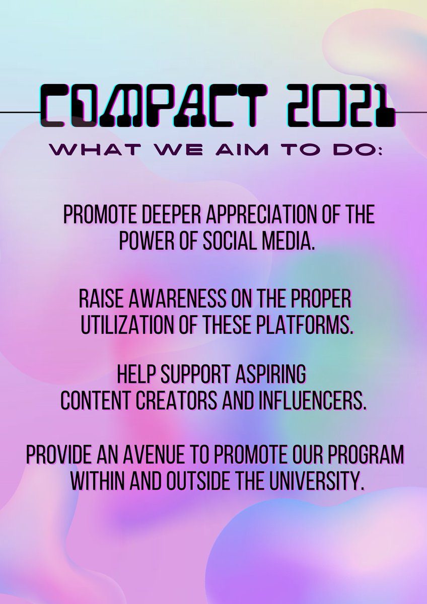 COMPACT2022's tweet photo. For the first time in COMPACT history, COMPACT 2021 goes into digital modality! π₯³β¨
Indulge in the wonders of the digital media from entertainment, information, and many more!
#COMPACT2021
#COMPACTBuhayEstudyante
#COMpetitiveCOMmunication https://t.co/ceUBiVV6C6