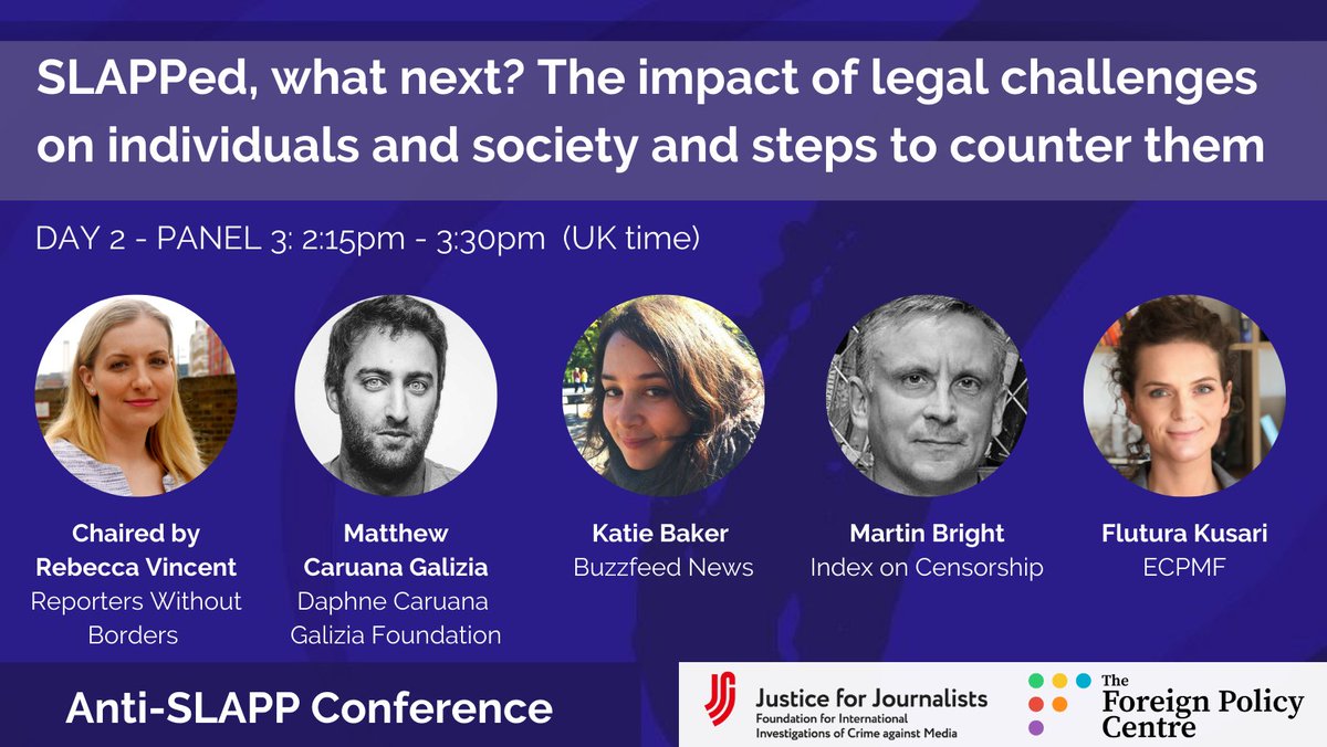 FPCThinkTank's tweet photo. Happening now until 3:30pm - Panel 3: SLAPPed, what next? The impact of legal challenges on individuals and society, and steps to counter them
Speakers: @rebecca_vincent @katiejmbaker @mcaruanagalizia @martinbright & @fluturakusari
Watch on➡️https://t.co/sm5S6An19S #SLAPPs21 https://t.co/FbHY6H9Vfk