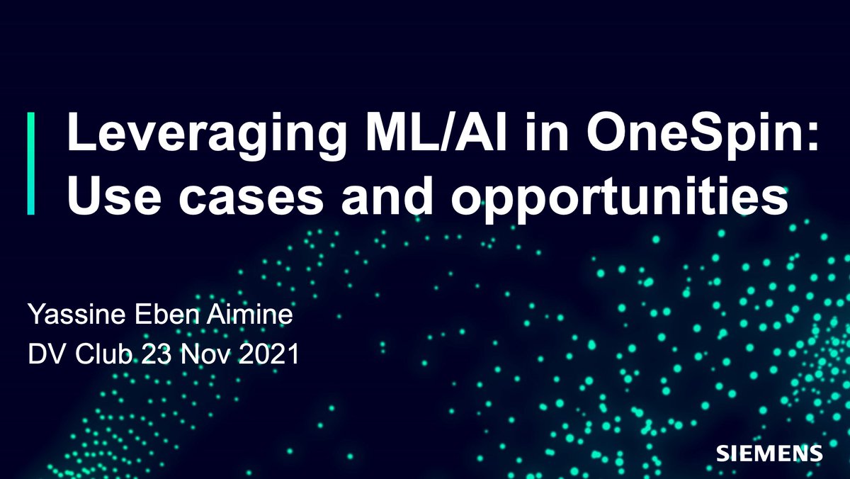 Get ready: <a href="/dvclub/">DVClub</a> Europe starts at 12:00 GMT! Theme is "Using #ML and #AI in #semiEDA Tools" 

Yassine Eben Aimine will discuss "Leveraging ML/AI in OneSpin’s Formal Tools: Use Cases and Opportunities" 

bit.ly/3qYiaWX 

Event details: bit.ly/32rnLLp