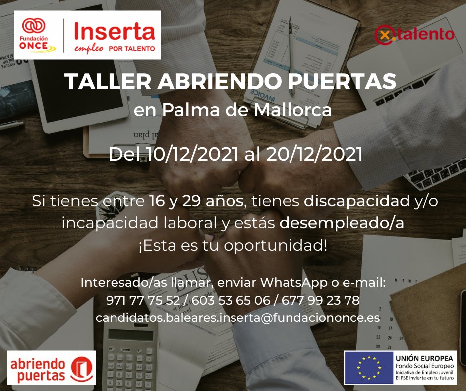 Si estás en Palma de Mallorca, asiste as nuestro Taller Abriendo Puertas:

Programa de coaching gratuito en el que trabajaremos el desarrollo de competencias para impulsar la #empleabilidad y promover la proactividad hacia el empleo.

¡Inscríbete ya! 👉 portalento.es/Candidatos/Cur…