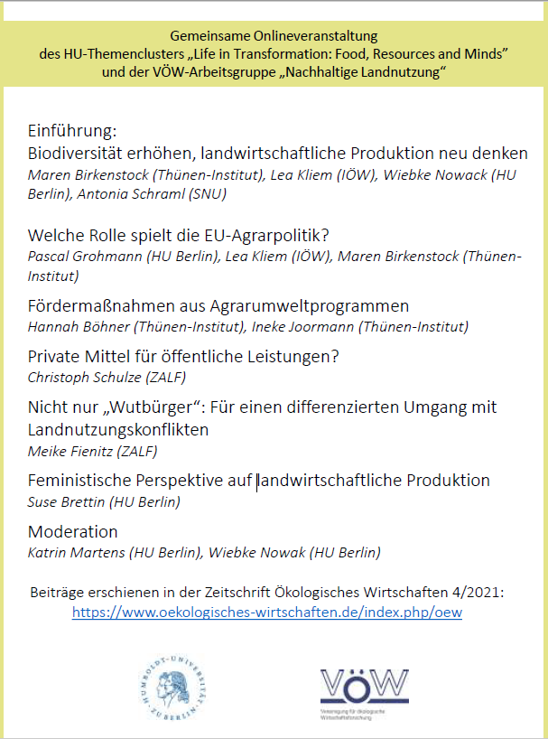 #NachhaltigeLandnutzung
Zwischen wirtschaftlichen Rahmenbedingungen,
agrarpolitischen Vorgaben &amp; gesellschaftlichen
Ansprüchen
nä Woche in: 📰 #ÖkologischesWirtschaften 
🗨️ hier die Veranstaltung dazu von <a href="/HumboldtUni/">Humboldt-Universität zu Berlin</a> #VÖW: 
⏰ 2.12. 17-18:30 Uhr 
Infos 👉 voew.de/2021/11/22/onl…