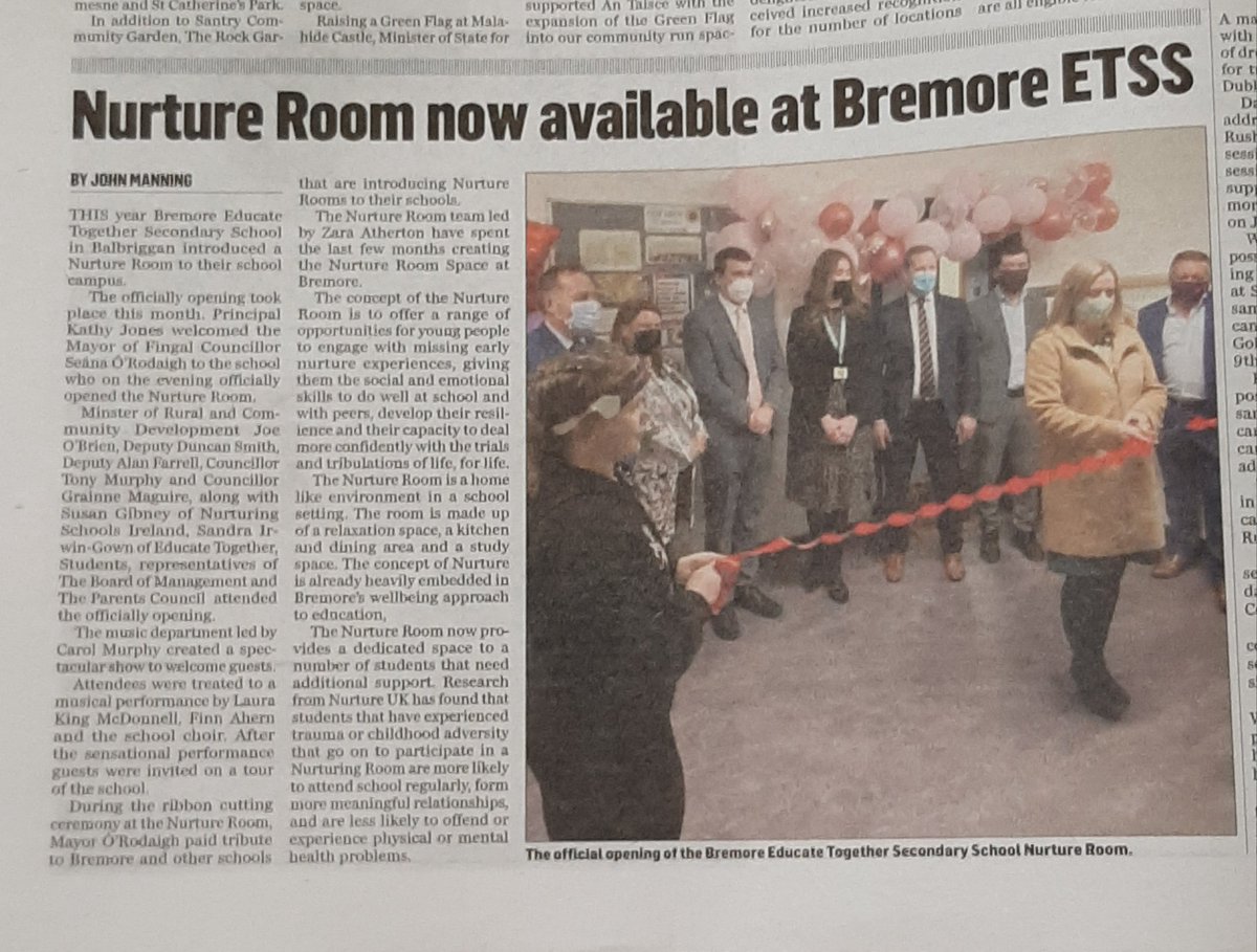 BremoreNurture's tweet photo. Making Headlines  @BremoreEducate @BremoreNurture @MusicBremore in @fingalindo. 
Thank you @MayorofFingal for your heartfelt speech and officially opening the Nurture Room. Thank you @joefingalgreen @DuncanSmithTD @AlanFarrell @TMurphyFingal @CllrGMaguire for attending. https://t.co/9sD5gr7gzp