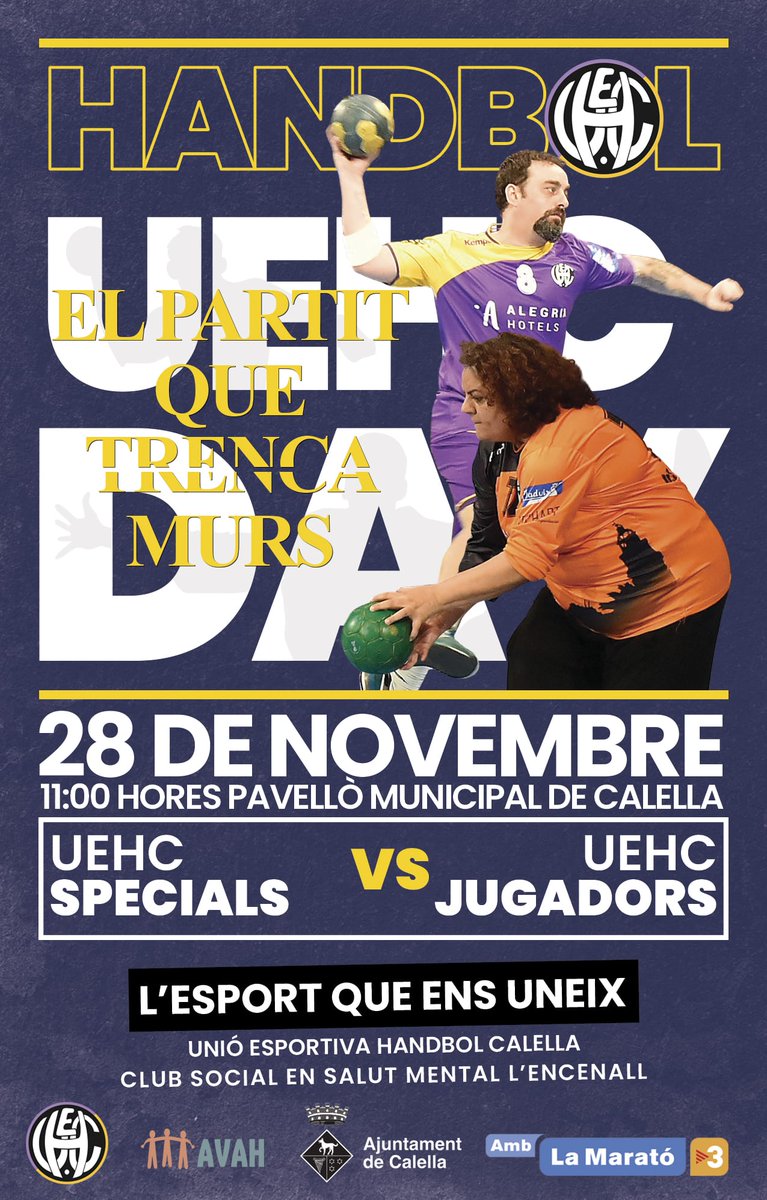 UEHCalella's tweet photo. 🟣UEHC DAY🟡

Diumenge 28, a les 11h es disputarà a Calella un partit que trenca murs!💪🏻

L’equip Special de la UEHC jugarà contra un equip format per diversos jugadors de la UEHC. Serà un partit que busca trencar barreres i fer veure que l’ESPORT ENS UNEIX!💜💛 https://t.co/kYLxkC6egP