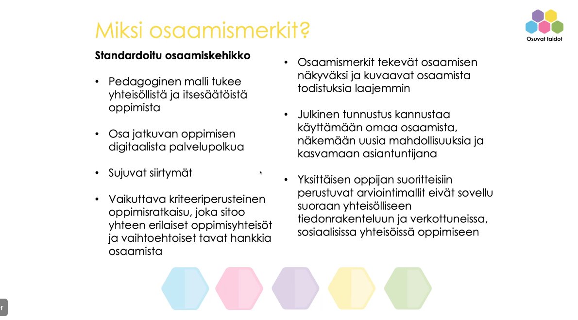 #Osaamismerkit tarjoavat selkeän tavan osoittaa osaamista: #kriteeriperusteisuus #pedagogiikka #SujuvatSiirtymät #OsaaminenNäkyväksi #Osaaminentalteen #TunnustettuOsaaminen <a href="/sannabrauer/">Sanna Brauer</a> <a href="/OsuvatTaidot/">OsuvatTaidot - digitaitojen osaamismerkistö</a> #OsuvatTaidot #digitaidot #perustaidot