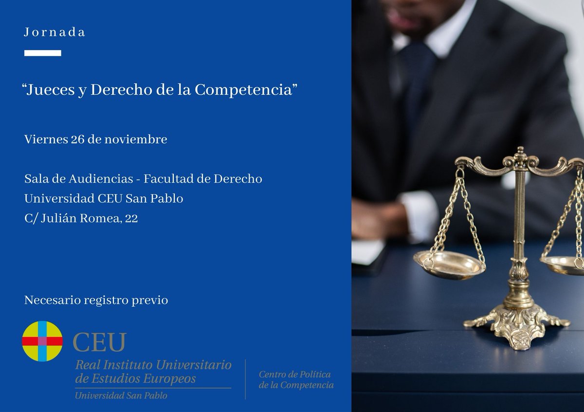 RIDEE_CEU's tweet photo. 📣La Cátedra Jean Monnet “Single Market &amp; Competition Law in the Digital and Ecological Transition Era” tiene el placer de invitarle a participar en la jornada “Jueces y Derecho de la Competencia”
👉Más información: https://t.co/YczhLJRrQP
👉Registro: https://t.co/h7djGNoXDd https://t.co/MjPhec21Oi