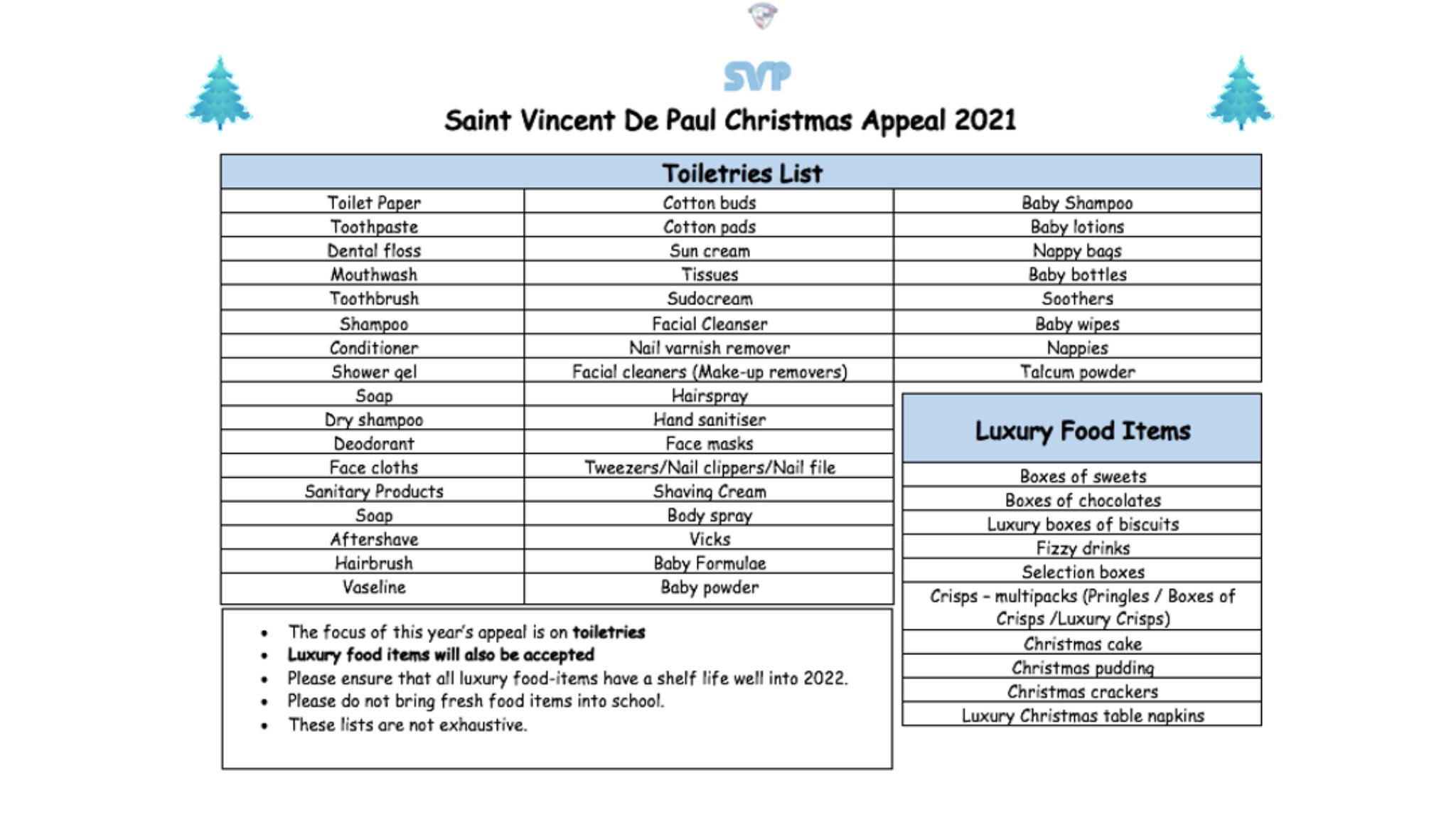 St Vincent De Paul Christmas 2022 Coláiste De Lacy On Twitter: "The 2021 St. Vincent De Paul Christmas Appeal  Has Launched In Coláiste De Lacy. The Focus Of The Collection This Year Is  On Toiletries And Luxury Food