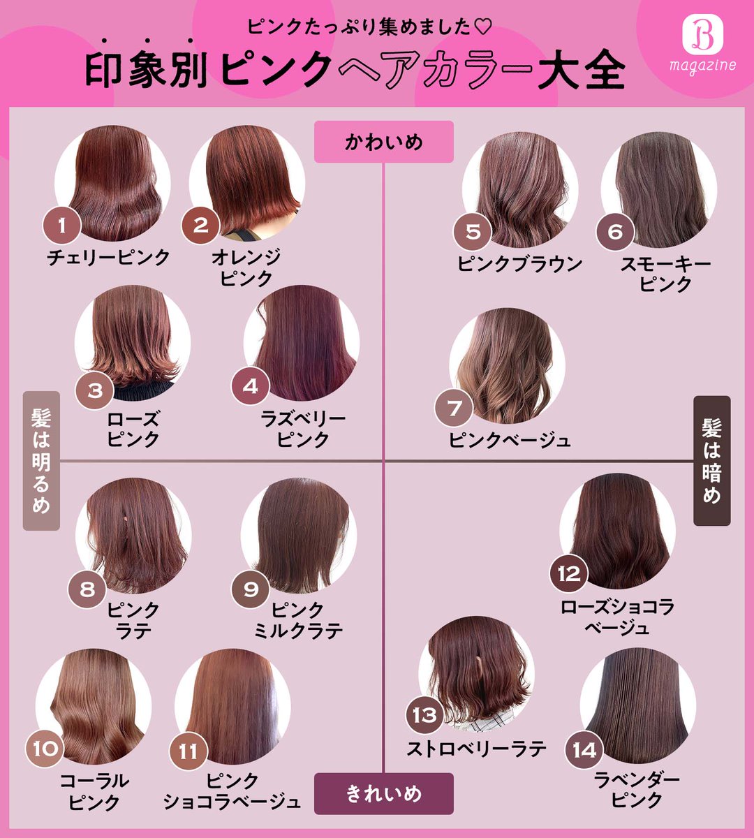 ピンク 集めました この冬したい ピンクヘアカラー大全 根強い人気のピンク系ヘアカラー 今日はピンク系ヘアカラーを なりたい印象別にまとめてみました ピンクカラーの魅力の一つは なんと言ってもバリエーションの多さ 好みのピンクを見つけて