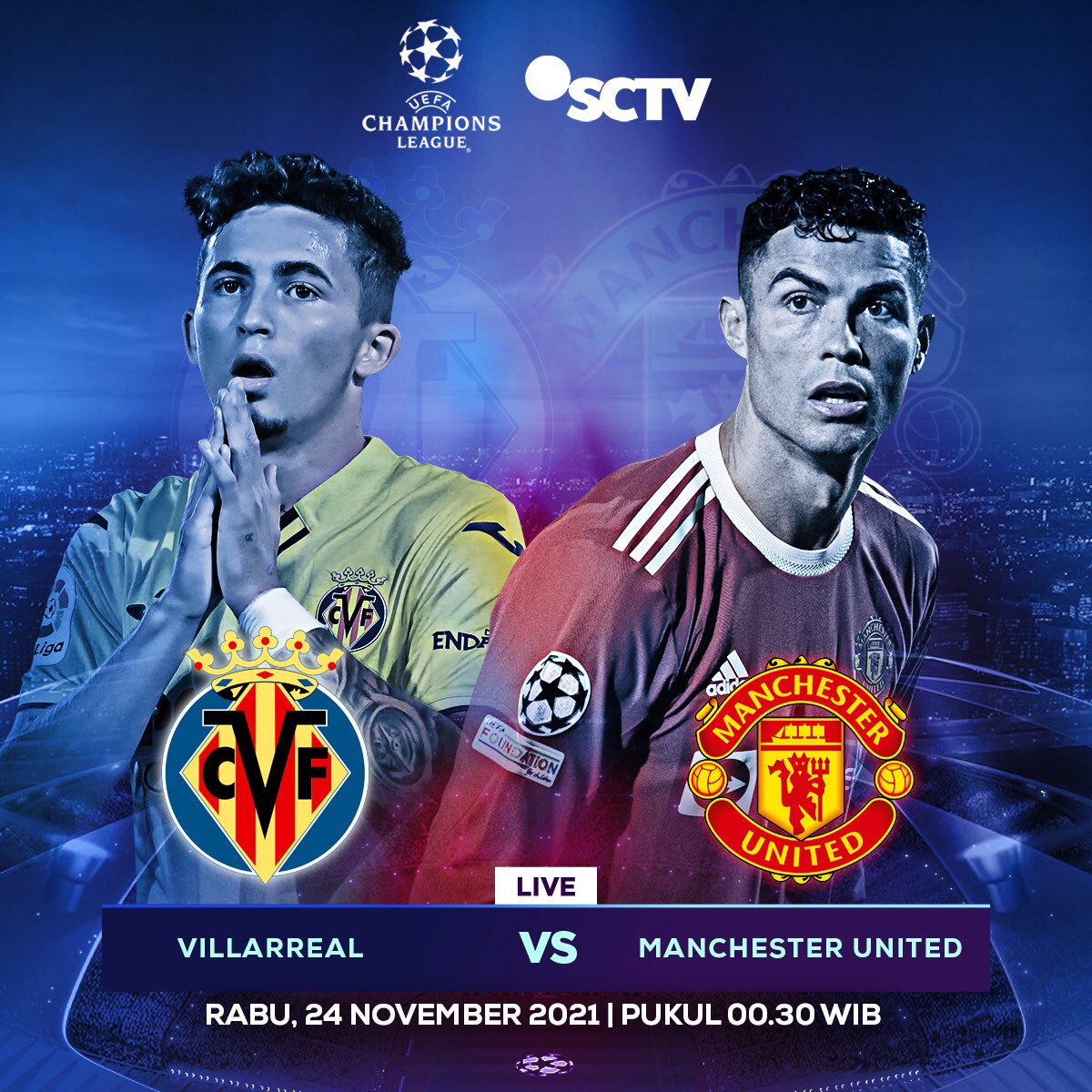 SCTV's tweet photo. Duel seru akan terjadi dini hari nanti! @VillarrealCFen VS @ManUtd akan bertemu di #UCLSCTV dini hari nanti, pkl 00.30 WIB.
Klub mana yang menjadi kebanggaan kamu?
#UEFASCTV
#SCTVSports https://t.co/UCr8zFsNzD