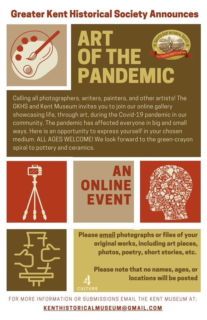 The Greater Kent Historical Society is trying something new and different for the Kent Museum! We are hosting an online art show open to all ages! Please send all submission via email to kenthistoricalmuseum@gmail.com, no in person submissions necessary! 
We can’t wait to see it!