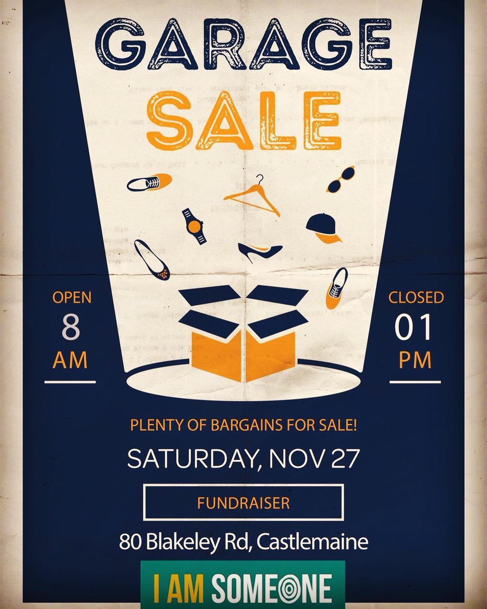 IAmSomeone_Org's tweet photo. Folk of Castlemaine and surrounds we are seeking donations for this weekends garage sale. Items can be dropped to the venue, have a rummage and see what you can find. 100% of what so sold turns into vital funds to help the kids.
And head on over and grab a bargain this Saturday! https://t.co/d0gkEtD9FW