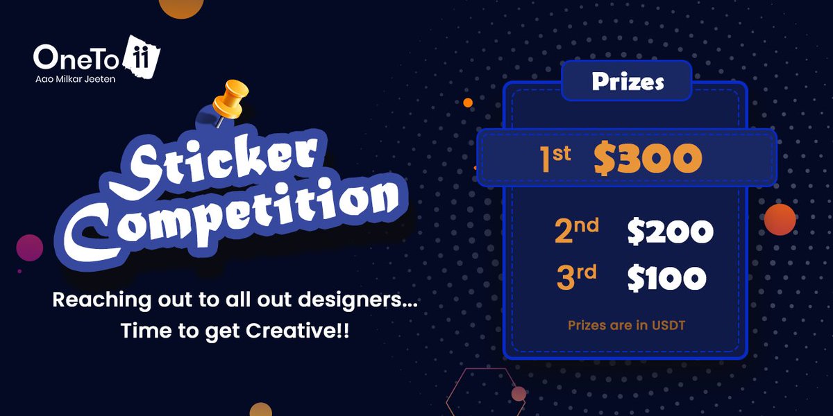 1/ 🔊Announcing #OneTo11sticker competition! 

🏆We invite you all to create your own special stickers related to OneTo11 to win upto $600 USDT!

🎯Read the rules and submit your sticker pack here: forms.gle/h58iAZVRDQNS3d…