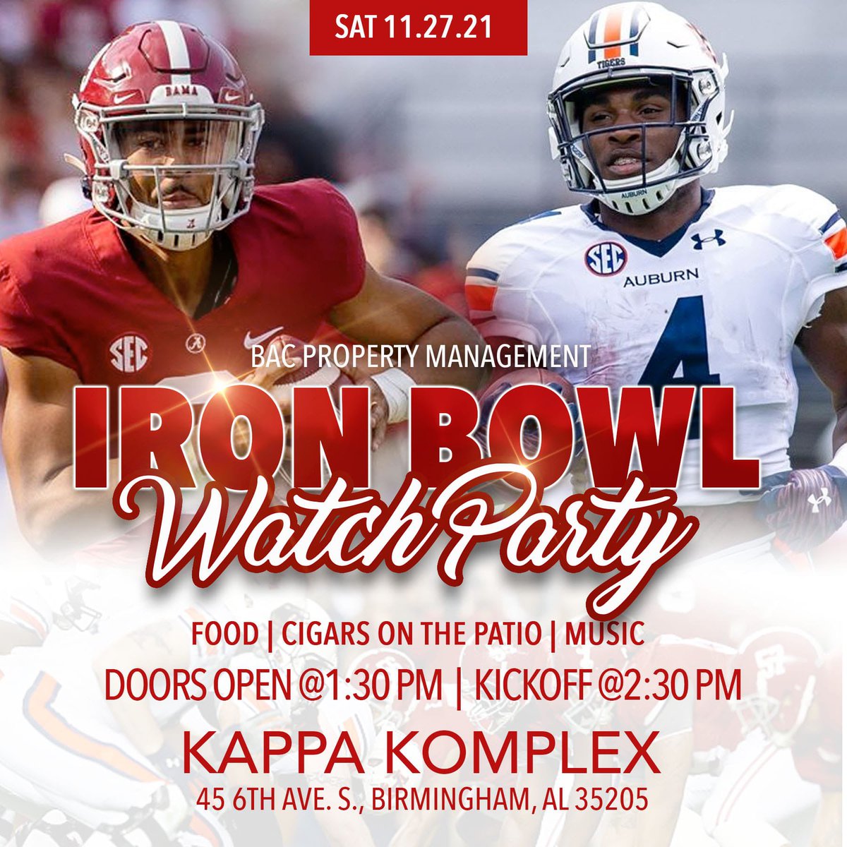 AlwaysPhi's tweet photo. We will NOT have #HappyHour this week due to the Thanksgiving Holiday. However, BAC Property Management will host an Iron Bowl Watch Party, Saturday, Nov. 27th at the Kappa Komplex. Doors open at 1:30pm with the game kicking off @ 2:30p. This event is free and open to the public! https://t.co/fAK4gvab77