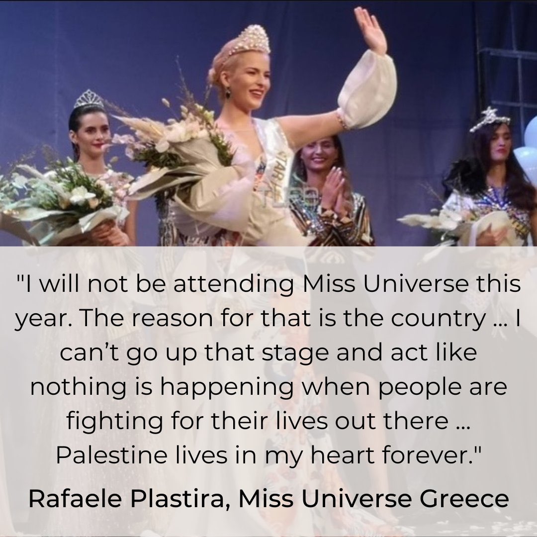 Miss Greece Rafaele Plastira boycotts Miss Universe in Apartheid Israel. 

#MissGreece #MissUniverse #boycott