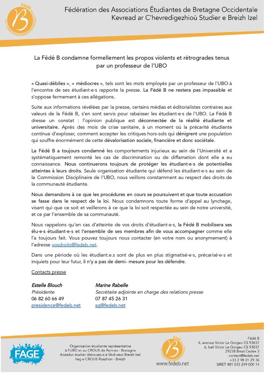 #CDP | La Fédé B condamne formellement les propos violents et rétrogrades tenus par un professeur de l’UBO ❌

La Fédé B continuera à protéger et défendre les #étudiantEs de potentielles atteintes à leurs #droits au sein de l'#UBO et l'#ESR 🗣️