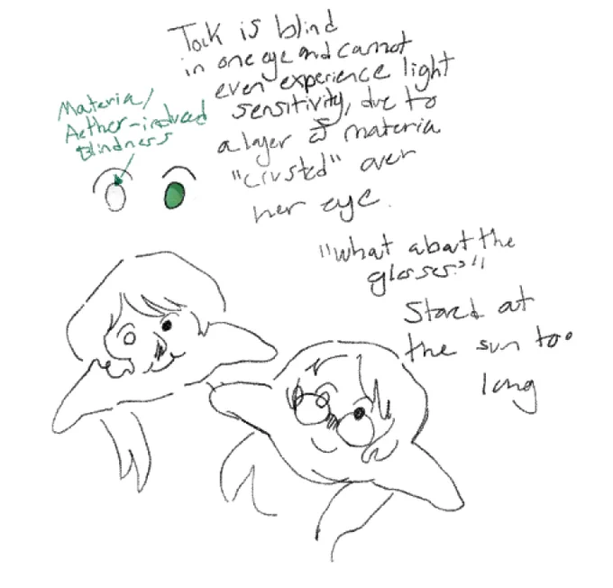nobody actually knows why tock wears glasses and why she only wears them sometimes. if you ask tatala she says she probably doesnt have good vision in her left eye either from staring at the sun directly for fun 