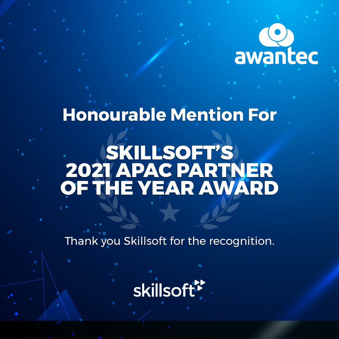 awantecmy's tweet photo. We would like to thank @Skillsoft for recognising us as an honourable mention in the recent Partner of the Year Award for 2021.
We look forward to many more years of success!
#awantec
#talent
#skillsoft
#APACpartnerawards https://t.co/MAtWTYCNSt