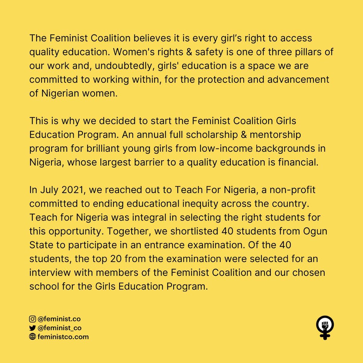 feminist_co's tweet photo. We believe it is every girl’s right to access quality education. This is why we created the Girls Education Program, a full scholarship for girls with outstanding academic performances from low-income communities in Nigeria.(1) https://t.co/304ZdtVIYv