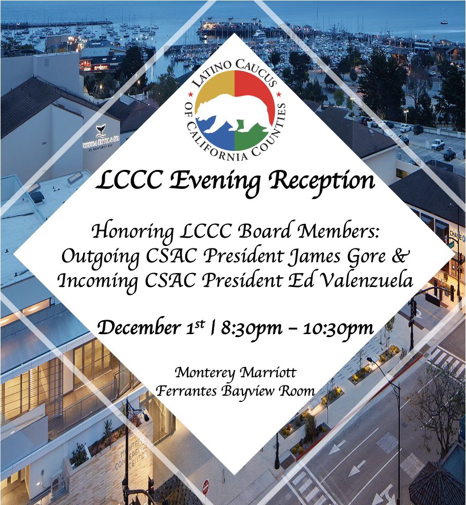 CALatinoCaucus's tweet photo. The CA State Association of Counties @CSAC_Counties is having its Annual Conference in Monterey next week🌞🌊
Join the Latino Caucus for our reception on Dec. 1 as we honor our Caucus Board members, outgoing CSAC President #JamesGore & incoming CSAC President #EdValenzuela!👏🏽✊🏽 https://t.co/Q49f0FCqn0