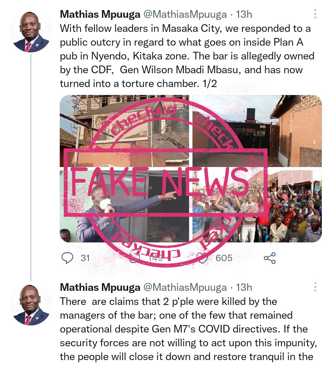 BandiVan's tweet photo. #FAKENEWSALERT
#FACT1
Plan A pub in Nyendo, Masaka doesn't belong to GEN W. Mbadi neither is he a shareholder of any kind.
#FACT2
Plan A pub is owned by a one Kalyango Joseph Fulugensio.
#FACT3
Kalyango is a well known supporter of @NRMOnline and as such party activities are held https://t.co/ZFb4jaCPh6
