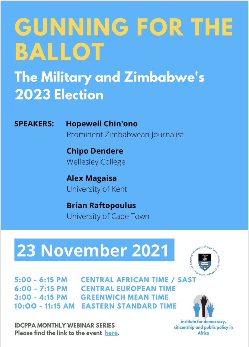 daddyhope's tweet photo. Tonight at 5PM, I am taking part in a University of Cape Town’s seminar on the military &amp; Zimbabwe’s 2023 election.

It is organized by UCT’s Institute for Democracy, Citizenship and Public Policy in Africa.

This is an import topic, Please RETWEET

Link👇🏿
https://t.co/w9Ag4PJDFy https://t.co/GoFjh5xt47