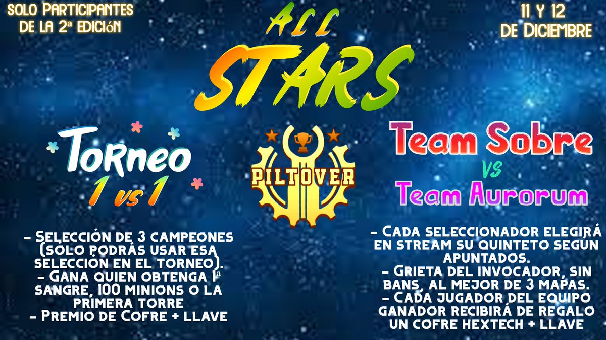 LigaPiltover's tweet photo. ¡Aviso a los equipos de la 2ª Edición! El 11 y 12 de Diciembre se jugará el All Star de la Liga, en la que todos vuestros jugadores podrán participar. Si están interesados, en el apartado "Noticias" de Discord pueden apuntarse, indicando en qué modalidad. https://t.co/pGmjSpw18U https://t.co/CMdN2yHfFl