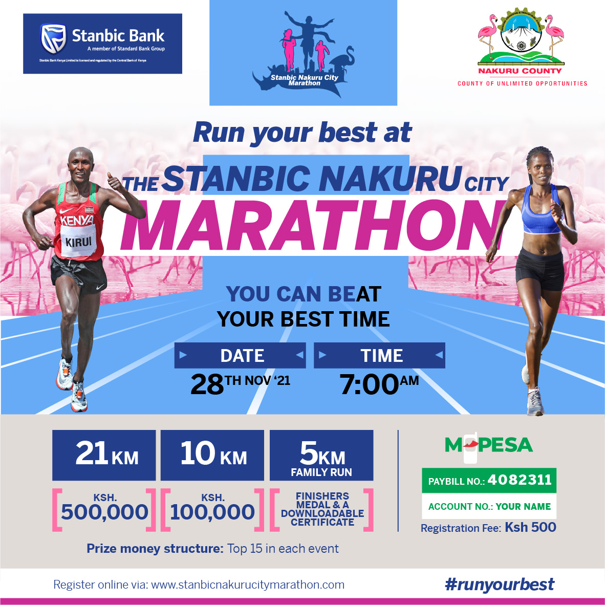 The Nakuru City Marathon is happening in a few days, and we are psyched to see our champions rule the track once again. You can be a part of this too, compete alongside the best &amp; set your own record! 
Click here to register: bit.ly/3DLzORx 
#StanbicNakuruCityMarathon