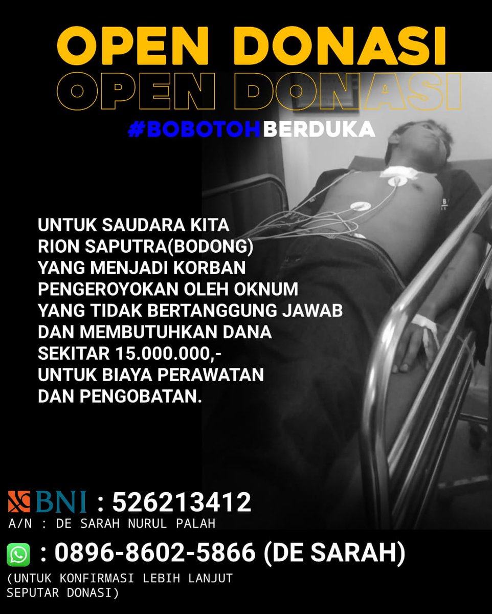 Mari bantu saudara kita, 
untuk donasi bisa disalurkan ke : 
BNI 
526213412 
A/n De Sarah Nurul Palah 
Phone : 089686025866