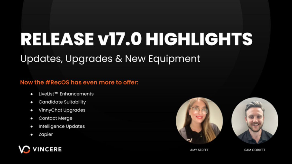 Attention Vinny customers 📣

Join our upcoming live webinar on highlights from our latest release, Vincere v17.0

✔ LiveList™ Enhancements
✔ Candidate Suitability
✔ VinnyChat Upgrades
✔ And more!

Register here 🎫 bit.ly/2YOjjoo