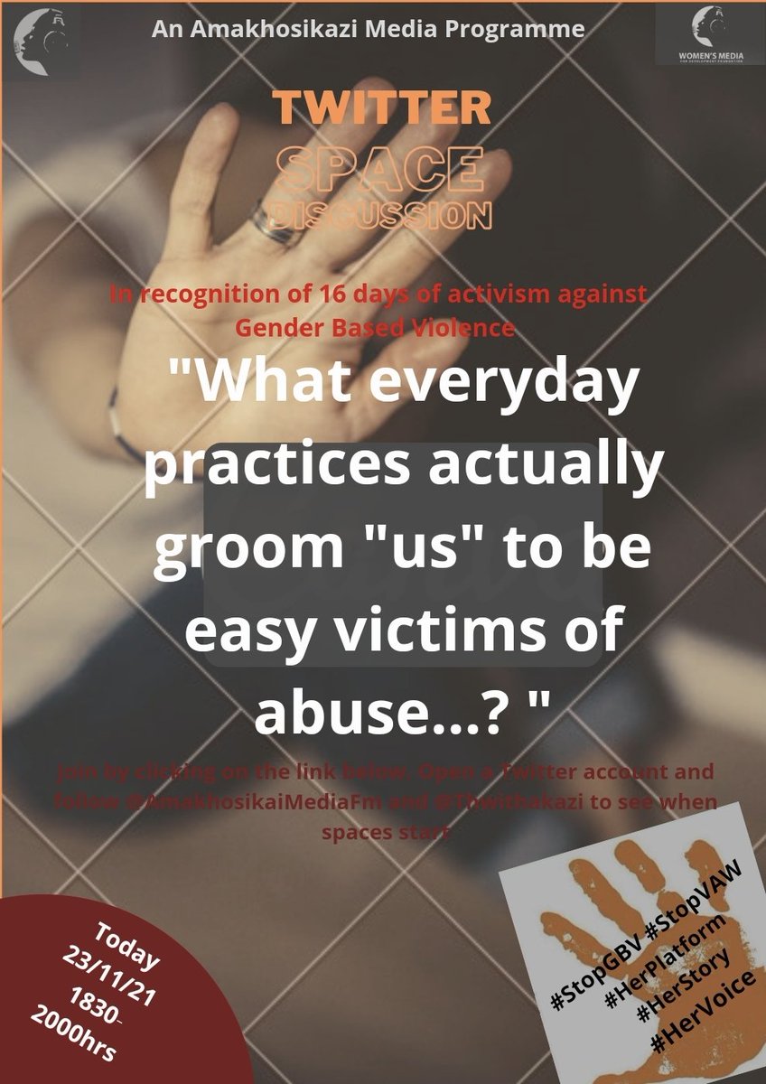 AmakhosikaziFM's tweet photo. Lets talk.... What things do we do everyday, seemingly innocent but actually grooming our children for future incidents of abuse.... Tonight 6:30-8:30pm #Orangetheworld #HerPlatform #HerStory #HerVoice #StopGBV #StopVAW https://t.co/PwPhfPUd3w