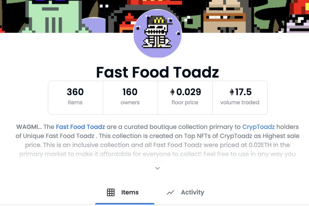 FastFoodToadz's tweet photo. congrats to every toadz ππΈ We are about to reach 20ETH volume π !vibe
#cryptoadzNFT #fastfoodpunks #ZombieToadz #stackedtoadz #fastfoodfrens #Choadz #chinafud #fastfoodtoadz #Cryptoadz https://t.co/V6dyt5VU8i