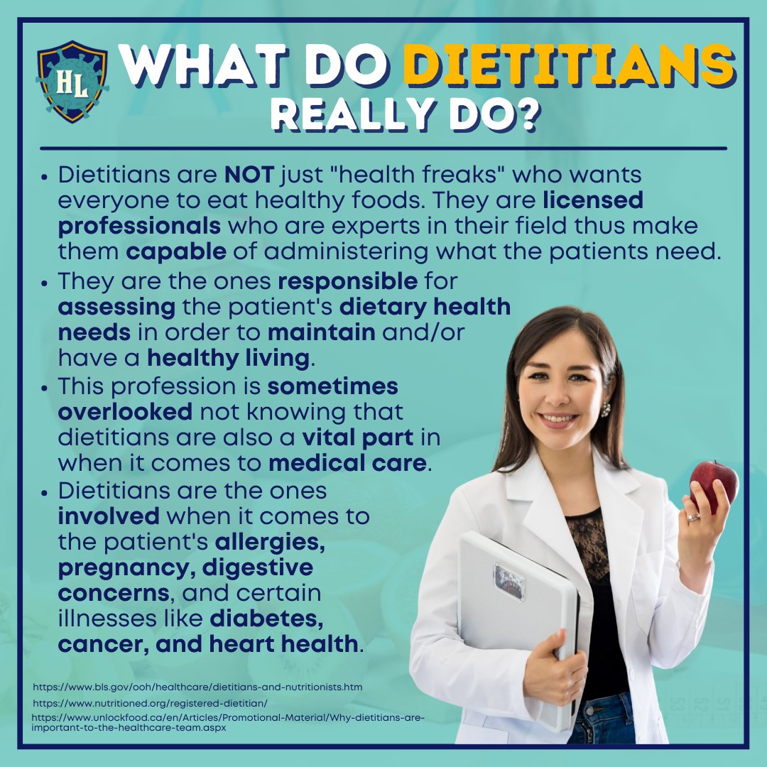 _HEALTHLEAGUE's tweet photo. Let us know more about the Hearts of Healthcare and Heroes in the Medical field, Dietitians. Let us all treat them with respect, in every way that we can!

#HEALTHLEAGUE #HEALTHLEAGUEKNOWS
#COVID19 #pandemic #healthworkers #healthcareworkers #medicalworkers https://t.co/FsRzbLbwPX