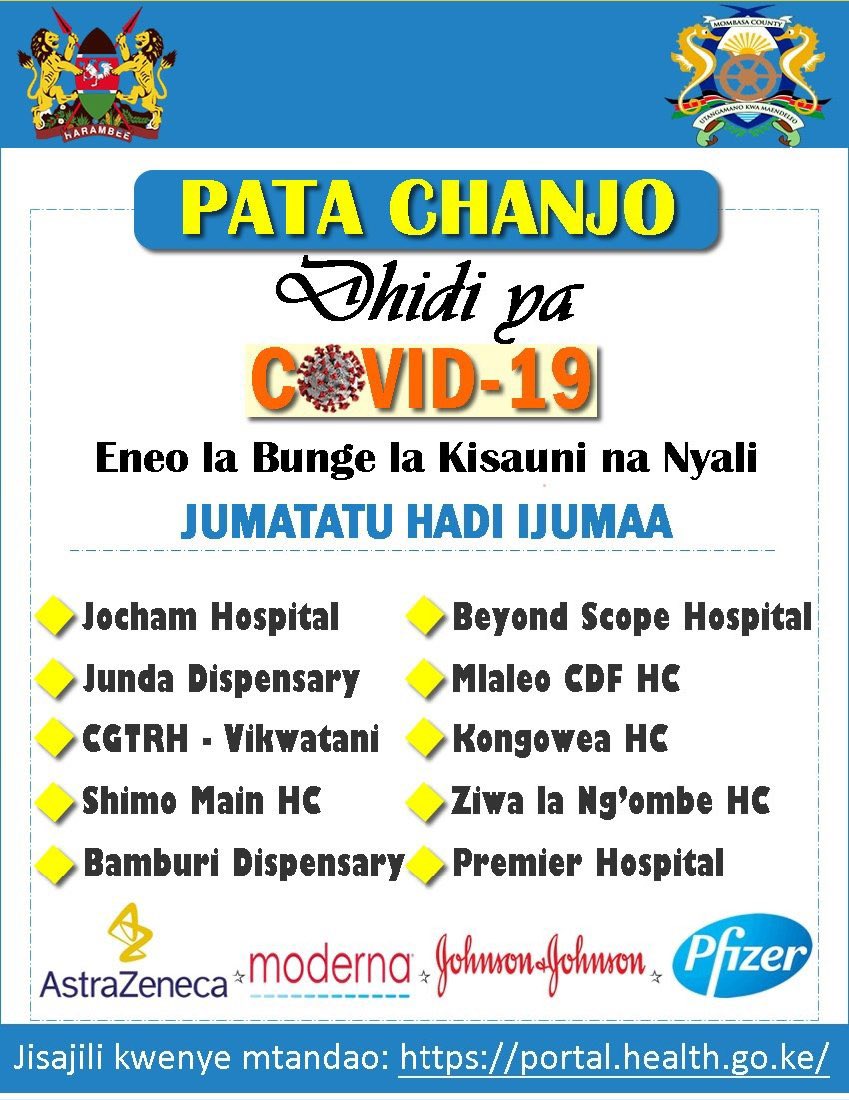 Pata chanjo ya #COVID19 katika vituo vya afya vifwatavyo eneo bunge la Kisauni na Nyali.

Jisajili kwenye mtandao: portal.health.go.ke

#KomeshaCorona