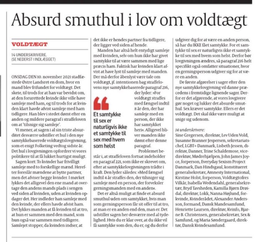 mandesamfund's tweet photo. Vi er medunderskrivere pΓ₯ denne opfordring til at fΓ₯ lukket hullet i loven, der lader gerningsmΓ¦nd slippe med en mildere straf, hvis de har βsnegetβ sig til samleje.
Man skal ikke kunne snige sig udenom. Sex kræver samtykke. https://t.co/e1DvKzHzE8