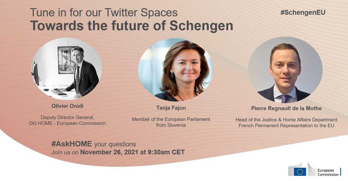 EUHomeAffairs's tweet photo. 🔜 Towards the future of Schengen

This Friday tune in for our @TwitterSpaces to learn about the 🇪🇺 approach for the future of Schengen

#SchengenEU

🎧 https://t.co/vs64mT4zvr 

#AskHOME your questions and join to hear from our panellists ⤵️ https://t.co/fKUfrqrDLI