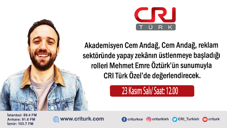 cgtnturkradyo's tweet photo. Akademisyen Cem Arıdağ (@cemaridag), yapay zekânın reklamcılıktaki etkilerini Mehmet Emre Öztürk'ün sunumuyla CRI Türk Özel'de anlatacak

@memreozturk https://t.co/jsFz9F9L8M