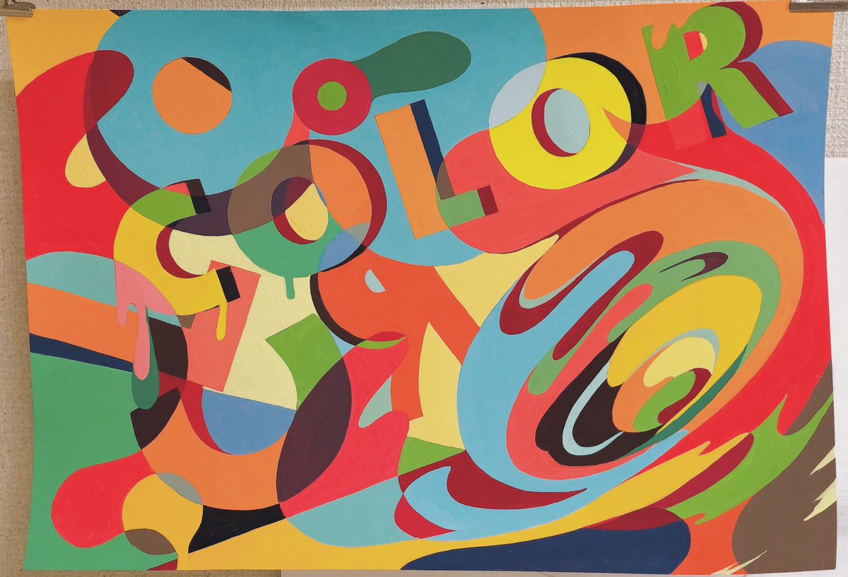 「今日の絵の具課題:「COLOR」の文字を使って色彩構成もっと深みのある色味で完成」|藤橋とうま@skeb募集中のイラスト