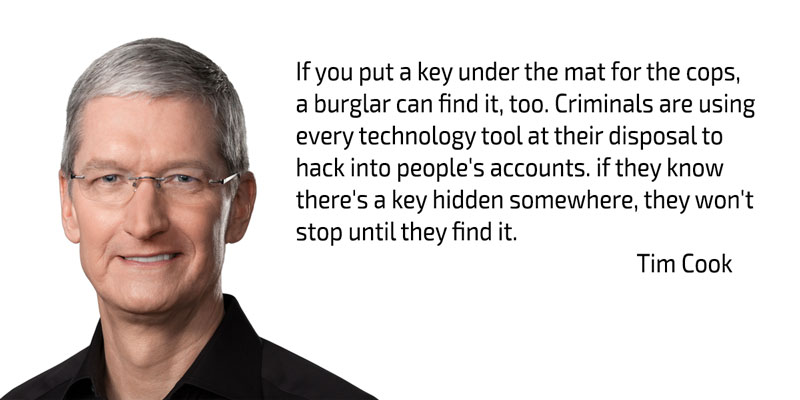 azgadsecurity's tweet photo. If you put a key under the mat for the cops, a burglar can find it, too. Criminals are using every technology tool at their disposal to hack into people's accounts. if they know there's a key hidden somewhere, they won't stop until they find it. - Tim Cook https://t.co/FVtqMTv7nc