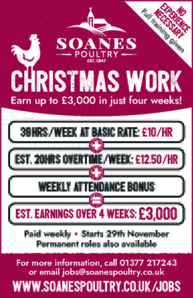 **OVERTIME RATE INCREASED TO £20 PER HOUR FROM 2ND DECEMBER! **

Please spread the word that there's still time to earn for Christmas!

Call us on 01377 217243 to find out more
