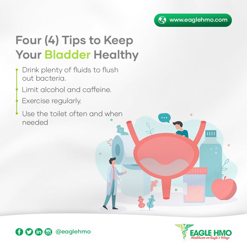 EagleHMO's tweet photo. A healthy bladder keeps toxins from building up within your body, which works to keep you healthy. Try these easy steps to boost your bladder health.
1. Drink plenty of fluids to flush out bacteria
2. Limit alcohol and caffeine
#EagleHMO #HealthyBladder #Bladder #HealthTips https://t.co/NRETHI43xz