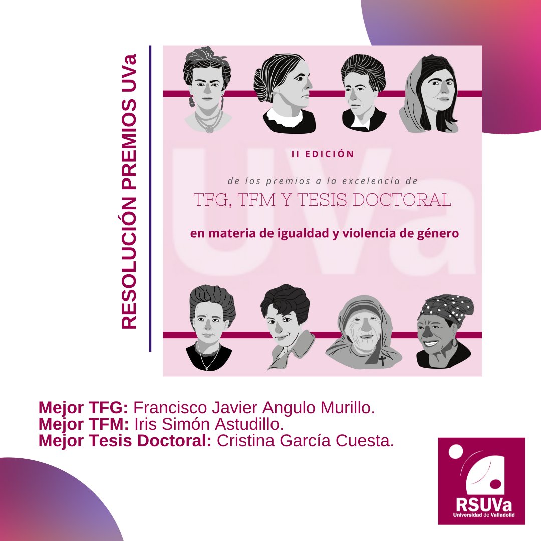 ¡RESOLUCIÓN DE LOS PREMIOS A LA EXCELENCIA DE TFG, TFM Y TESIS DOCTORAL EN INVESTIGACIÓN EN  IGUALDAD Y VIOLENCIA DE GENERO DE LA UVa!
¡ENHORABUENA! gracias a todas las personas que han participado y a las ganadoras por seguir fomentando la investigación en igualdad y VG.