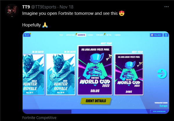 TeroristFN's tweet photo. About 22 years, I heard there will be winter royal and WC in solo and duo mods, I don't know if this is true, but I will prepare for them to try to take earn. Basically everything, I wish you all good luck.😘😉 https://t.co/0nGLo3sb9s