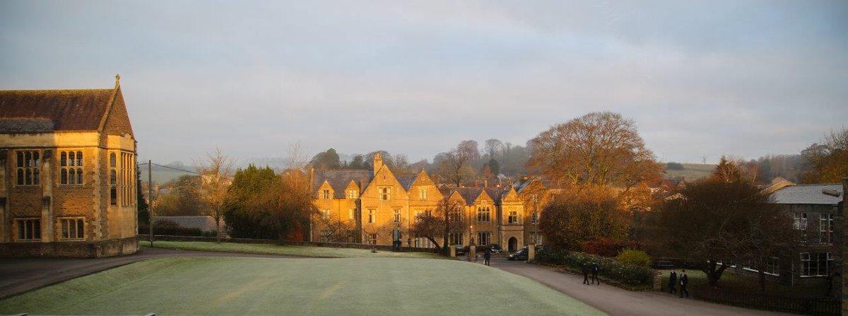 The sun rising behind the dovecote throwing golden light onto <a href="/KSBNewHouse/">New House</a>. A cold and frosty morning <a href="/KingsBruton/">King's Bruton</a>.
#KSBChristmasTerm